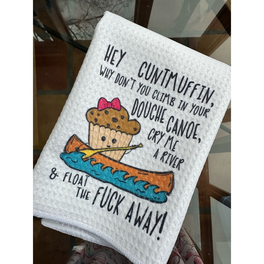 Funny Snarky‎ Waffle Weave Kitchen Towel Douche Canoe Muffin White Brand New!